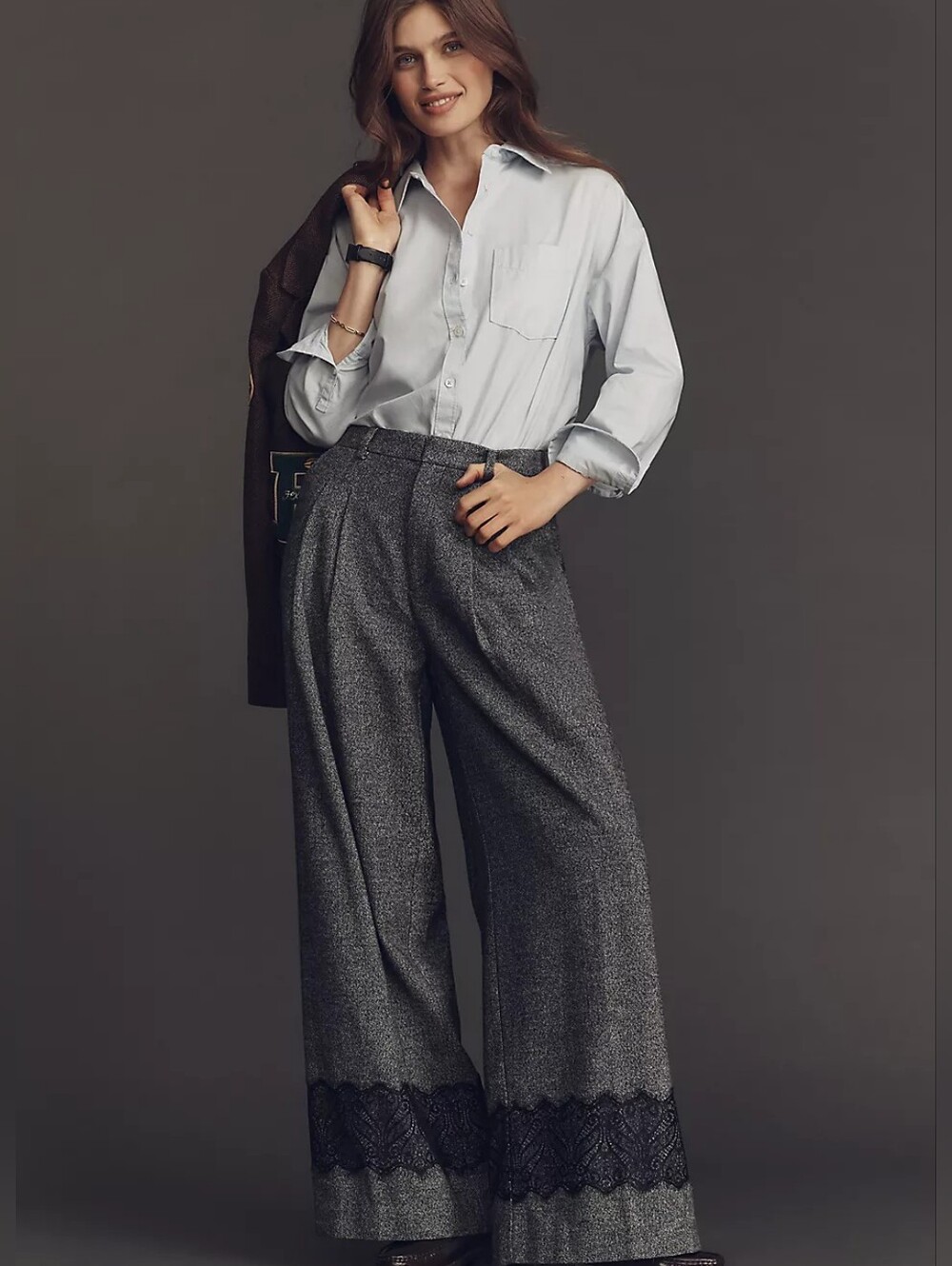 The Avery Pleated Wide-Leg Gray Tweed Lace Trousers by Maeve